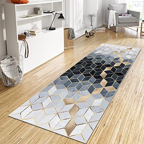 WTHYGB Teppich Läufer Flur Küche 70x350 cm, Modern rutschfest Waschbar Dauerhaft Küchenläufer Flurläufer, Lang Polyester Teppichläufer für Korridor, Schlafzimmer, Innen Wohnzimmer-Weiß Schwarz Blau