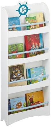 Relaxdays Bücherregal Kinder, HBT 124 x 50,5 x 15 cm, 4 Fächer, MDF, maritimes Kinderbücherregal, Kinderregal, weiß/blau