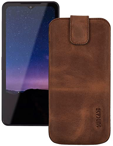 Suncase ECHT Ledertasche Leder Etui kompatibel mit Caterpillar Cat S75 Hülle (mit Rückzugsfunktion und Magnetverschluss) in antik-Coffee