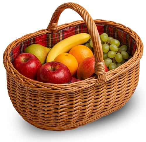 Ovaler Weidenkorb mit Henkel und Stoffeinsatz – Handgefertigter Einkaufskorb aus Naturmaterial, 45cm, Korb für Picknick, Markt und Aufbewahrung