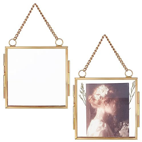 OLYCRAFT 2 Stück Mini Bilderrahmen Zum Aufhängen An Der Wand Doppelglas Bilderrahmen Mit Kette Klapprahmen Aus Legierung DIY Kunstwerk Präsentationsrahmen Für Gepresste Blumen Bilder - 8x8cm