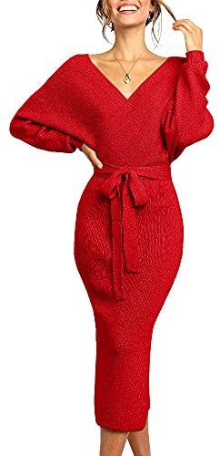 Saodimallsu Damen V-Ausschnitt Pulloverkleid Strickkleid Langarm Pullover Schlitz Offener Rücken Figurbetontes Kleid mit Gürtel für Herbst Winter Tiefrot Groß