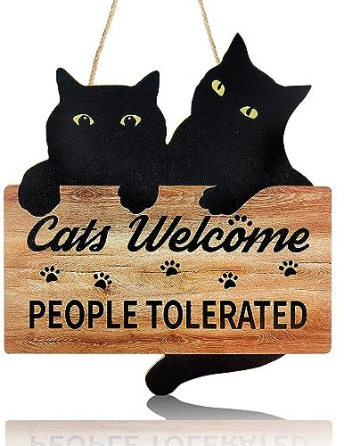 LSTAMOY Funny Black Cat Welcome Sign, 10x11 Inches, Wooden Plaque for Cat Lovers