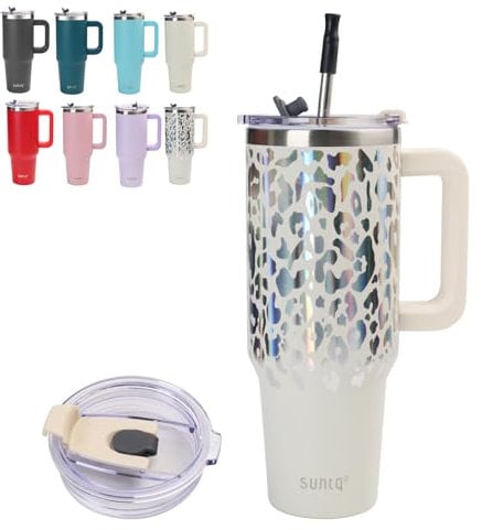 SUNTQ 40oz Mug Isotherme avec Paille et Poigné - Gobelet Paille de Bureau et Voiture en Acier inoxydable, Élégant et Durable - Gobelet Isotherme pour les boissons chaudes et froides(Léopard Ivoire)
