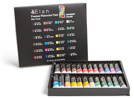 Elan Aquarellfarben Set, 24x Flüssige Aquarellfarben Tuben 12ml Ungiftig, Premium Qualität Aquarell Tuben Set, Watercolor Paint Tubes