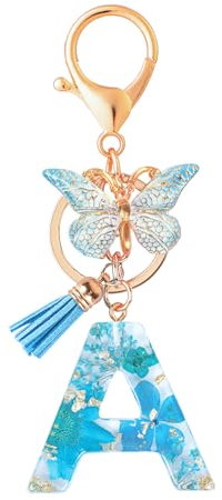 MWOOT Letter Keychains Initiale Lettre Porte Clef Lettre A,Alphabet Initial Keyring avec Papillon Pendentif,Bleu Pétales Feuille D'or Key Ring pour Femmes Filles Portefeuilles Sac à Main Charme(A)