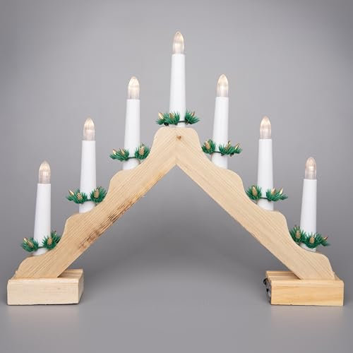 SHATCHI Traditional Wooden Pre-Lit Natural Candle Bridge Light 7 LEDs Bulbs - Battery Powered - Window Christmas Tree Home Office Desk Light Holiday Xmas Festive Decoration