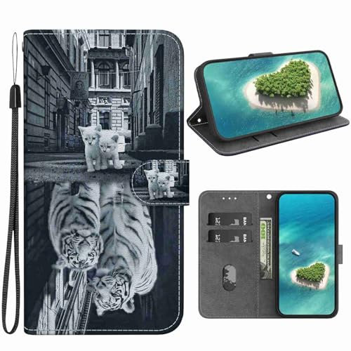 Skyhewen iPhone XR Case, Painting Design PU Leather Wallet Case for Women Men, with Card Holder Magnetic Shockproof Cover Flip Case Compatible with iPhone XR, Cat Tiger Reflection