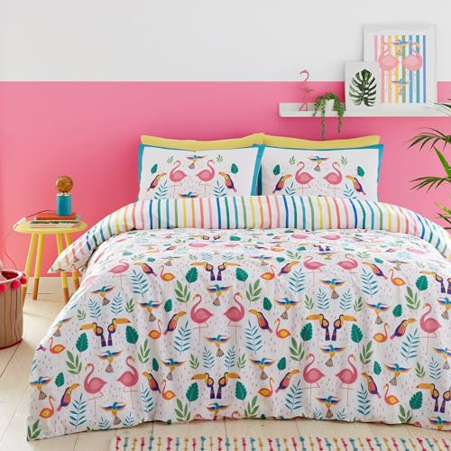 Fusion - Housse de Couette Flamant Tropical - 200 x 200 cm - 2 Taies d'oreiller - Réversible (Rayures Arc-en-Ciel) - Housse de Couette Oiseaux (Toucan) - Cadeaux Flamant Rose - Literie Tropicale