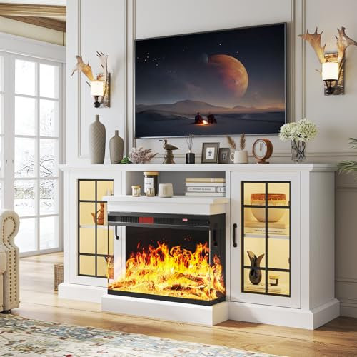 oneinmil Meuble TV de cheminée de 150 cm, table console de divertissement multimédia en verre à 3 côtés pour téléviseurs jusqu'à 165 cm avec porte en verre réglable couleur LED flamme pour salon,