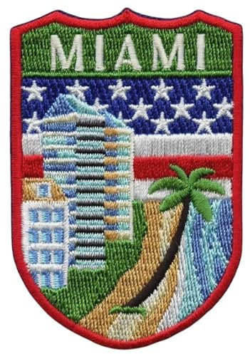 Miami Shield Patch (7,6 cm) besticktes Bügelbild Reise Florida USA Souvenir Emblem perfekt für Rucksäcke, Gepäck, Hüte, Taschen, Handwerk, DIY Geschenkflicken