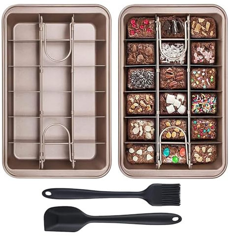 Brownie Pan with Dividers,18 Pre-Slice Carbon Steel Bakeware Tray,Thickened Non-Stick Divided Brownie Tin for Baking/Precut Brownie Tray for Professional Slices,Carbon Steel(Champagne Gold)