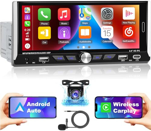 2+64G Android 1 DIN Car Stereo con Carplay y Android Auto - Pantalla táctil de 6.9 Pulgadas FM RDS Radio - WiFi GPS SWC EQ Mirror Link Bluetooth + Cámara de Marcha atrás AHD&Mic
