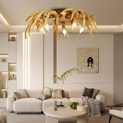BBWO Vintage Deckenleuchte Geweih Antike Deckenlampe Schlafzimmerlampe E14 × 5 Deckenbeleuchtung Harz Decke Kronleuchter Küche Korridor Esszimmer Harz Bad Flur Horn Lichter Dekoration EsstischLampe