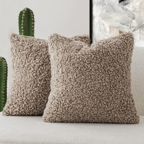 Foindtower Kunstfell-Kissenbezüge, Deko-Sherpa-Kissen, flauschig-weiche Kissenbezüge, Schaffell, dekorativer Fleecekissenbezug für Bett, Couch, Wohnzimmer, 2 Stück, 60 x 60 cm, Khaki