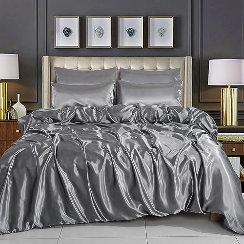WEAVERS: Luxurious 6-Piece Silky Satin Bedding Set, Smooth & Glossy Finish, Includes Reversible Zipped Duvet Cover, 1 Fitted Sheet, and 4 Pillowcases. (Colour Silver Size Double)