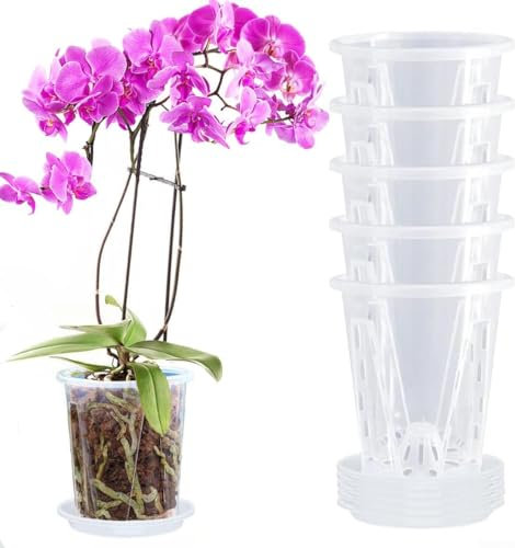 Confezione da 5 vasi per orchidee con piattino, in plastica trasparente, per rinvaso, traspiranti, scanalati, per interni ed esterni, con foro di drenaggio, trasparenti per visibilità delle radici (14