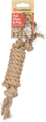 Flamingo Hundespielzeug Hanf Kush Zugseil mit 4 Knoten braun - 27x6x4,5cm - Beugt Zahnbelag vor - Massiert das Zahnfleisch - 100% natürlich