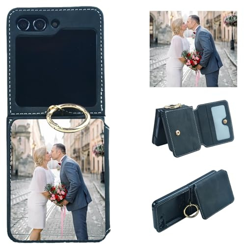 CAXKJE Gray Blue Personalisierte Schutzhülle für Samsung Galaxy Z Flip 6 (6.70 Zoll),mit Eigenem Foto Bild Text Individuelle Schutzhülle,Leder Handyhülle Stoßfestigkeit Case,YY-Gray Blue
