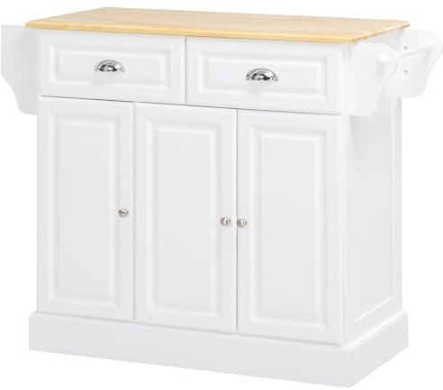 HOMCOM Kitchen Island with Storage, Rolling Kitchen Cart with Adjustable Shelf, Drawers and Cabinets, 110 x 45 x 89cm, White