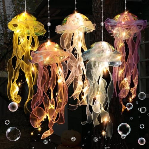 Herenear 5 Stück Quallen Lampe Hängend, LED Quallenlicht, Quallenlaterne Dekorationen, Dekorative Quallen-Laterne Anhänger für dekorative Atmosphäre Beleuchtung