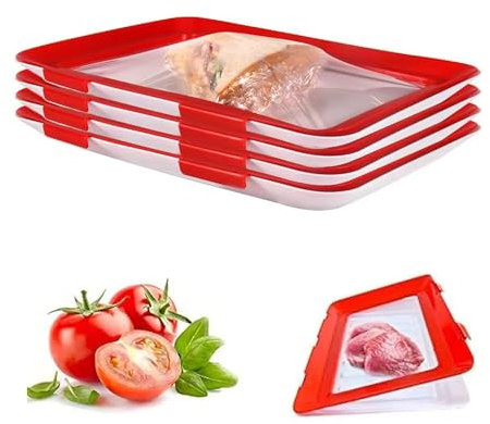 Hylruu Vacuum Fresh Storage Tray -4 PCS Reusable Creative Food Storage Container, Stackable Food Preservation Tray with Elastic Lid for Vegetable Fruit Meat Fish