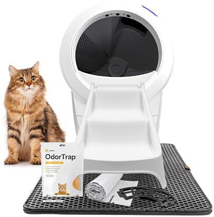 Litter-Robot 4 Complete Bundle by Whisker, White - Automatic, Self-Cleaning Litter Tray, Includes Litter-Robot 4, 6 OdorTrap Pack Refills, 50 Waste Drawer Liners, Ramp, Mat & Fence