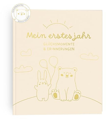 HuBorns - Babyalbum Erstes Jahr bis 5 zum Einkleben von Fotos und Beschriften, Fotoalbum Kinder mit +50 Seiten und Stickern, Originelles Erinnerungsbuch Baby, Fotoalbum Baby (Beige, Deutsch)