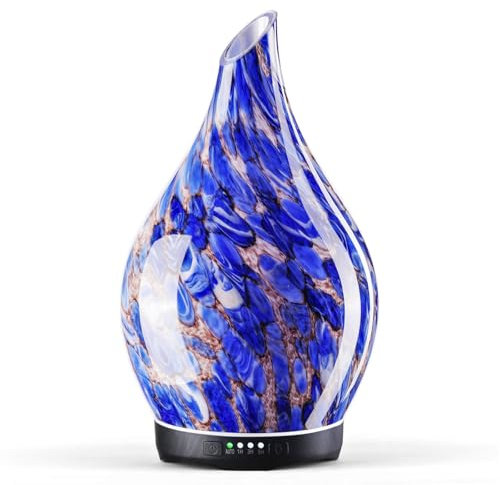 Porseme Aroma Diffuser 280ml, Handgeblasen Glas Diffuser für Ätherische Öle, Luftbefeuchter Ultraschall Cool Mist Leise,7 Arten LED Lichtfarben,Auto Power-Off,BPA Frei für Wohnung mit Timer(Deep Blue)