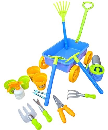 My Play House Kids Pull-Along Wagon Play Set – Garden & Beach Toy Wheelbarrow with Water Pail, Spray & Tools – 10 Accessories + 4 Plant Pots – Outdoor Role Play Toy for Toddlers – Ages 3+
