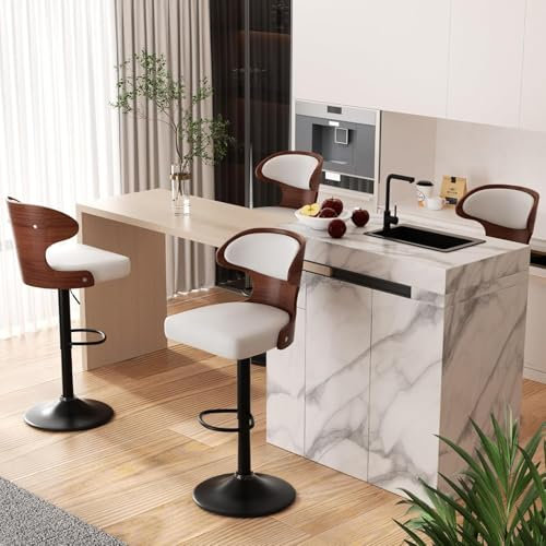 Hawthyhome Barhocker 4er Set |Barstuhl Tresenhocker Bistrohocker •360° Drehstuhl •Küchenstühle mit Rückenlehne und Fußstütze •Stuhl mit Armlehnen •Lobby Tresen Küche Hausbar •Weiß Nussbaumholz