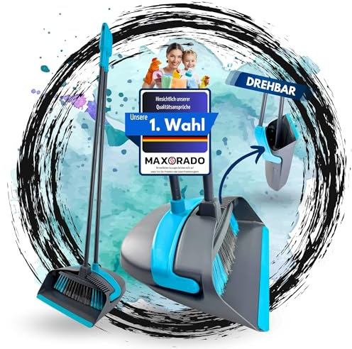 Maxorado Handfeger und Schaufel lang Langer Stiel Kehrblech Kehrgarnitur Set drehbar mit Gummilippe und Abstreifer Kehrbesen Schaufel groß