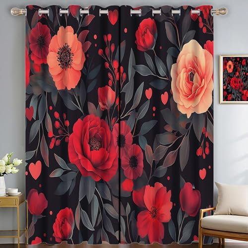 SMBHIAON Aquarell Textur Gardinen Vorhang mit Ösen,Pfingstrose Rose Leichter weicher Verdunklungsvorhang Wärmeisolierend Ösenschal H260 × B140 cm (2er Pack), Thermovorhang Kälteschutz für Wohnzimmer