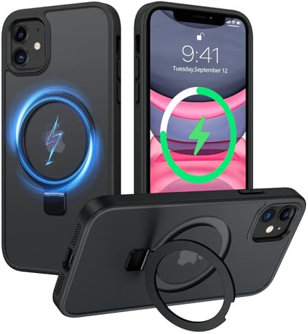 VENINGO Coque pour iPhone 11 Compatible avec MagSafe, Coque Magnétique iPhone 11 avec Porte-Anneau, Protection Militaire, Dos Mat Semi-Opaque, Noir