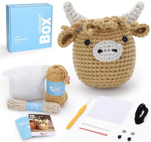 CrochetBox Komplettes Schottisches Hochlandrind Häkelset für Anfänger, Eulen Häkelset, Video-Tutorial einbeziehen, Anleitung, Weiches Garn