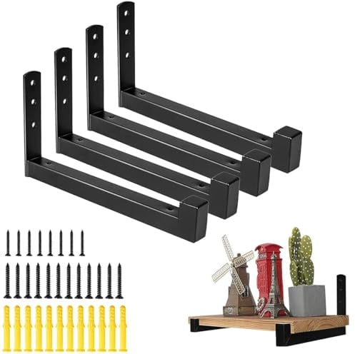 HTRTRR Équerres de support 8 pouces noires lot de 4 – Équerres murales métalliques en L, support de tablettes murales et étagères en bois, idéales pour cuisine, salon, salle de bain, garage et bureau