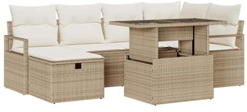vidaXL 7-teiliges Garten-Sofa-Set mit Kissen in Beige aus Poly-Rattan. Bequemes Outdoor-Sitzmöbel für 6 Personen im modularen Design. Witterungsbeständiges, wetterfestes Sofa für die Terrasse.