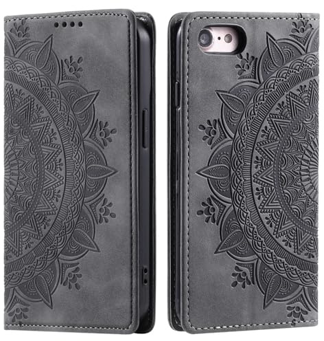 CoverKingz Handyhülle Mandala kompatibel mit iPhone 16e - Handytasche mit Kartenfach Phone Case Cover - Handy Hülle klappbar Grau