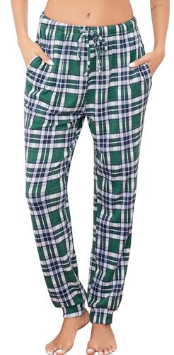 Wikoan Pantalon de Pyjama Femme en Polaire Bas Pyjama Long avec Poches Pantalon de Nuit Chaud Doux Vêtements de Nuit à Carreaux S-XXL