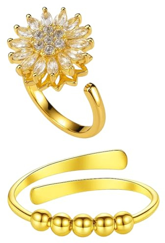 BbiuRer Anxiety Ring Gold, 2 Rotierende Zirkonia Ringe, Anti Stress für Frauen, Fidget Ring zur Stressbewältigung, Edles Geschenk für Anlässe