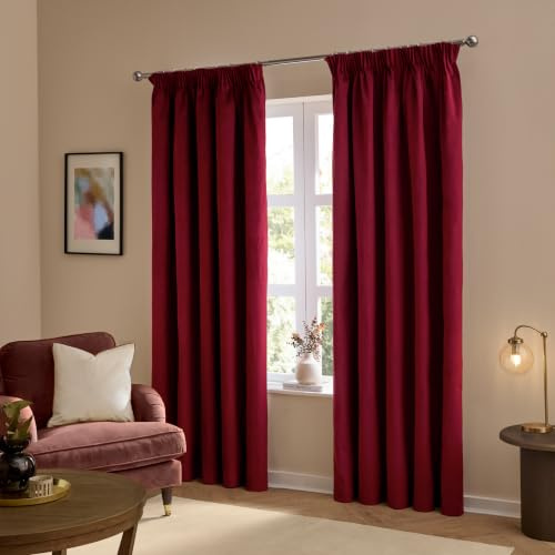 furn. The Ultimate Velvet Pencil Pleat Curtains (Red-117x137cm) | Soft Stylish Light Filtering Matte Velvet Curtain Pair
