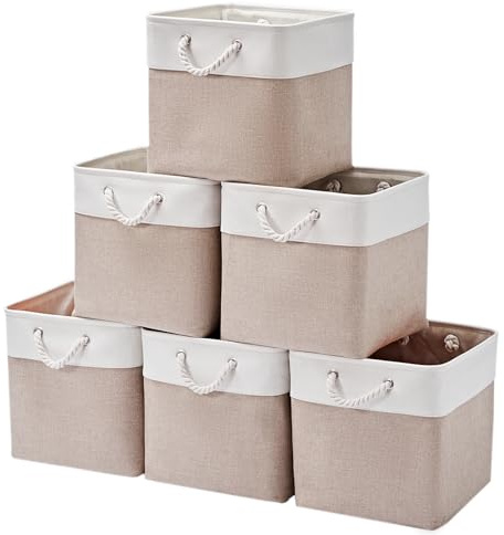 ICEMOR 30.5 x30.5cm Cube Aufbewahrungsbehälter, 6 Pack große Stoff Aufbewahrungsbehälter mit Seilen, faltbare Aufbewahrungswürfel für Haus, Kleiderschrank, Kleidung, Spielzeug Organizer (Weiß & Beige)