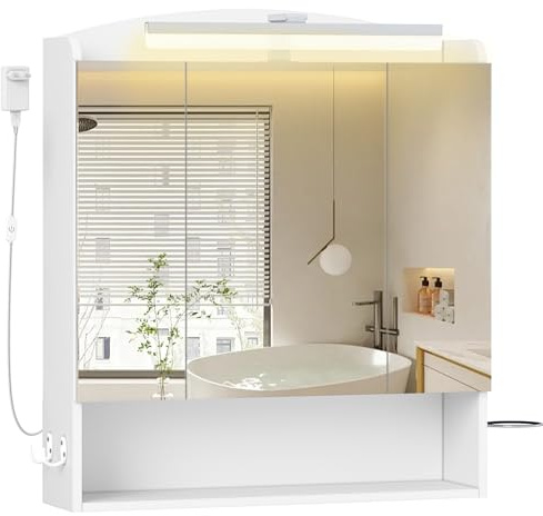 Hzuaneri Spiegelschrank Bad mit Beleuchtung, Wandschrank | Badezimmerschrank mit Spiegel, Haartrockner-Halter und Haken, mit Stecker, Weiß, 16,5 x 70 x 80 cm MC00303XEU