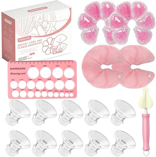 Lot de 10 Inserts de Bride 13/15/17/19/21mm + 2 Coussinet Gel sans BPA | Allaitement Compresse Froide Et Chaude Pour Sein, Compatibles avec Momcozy/Bellababy/KISSBOBO/Medela/Nuliie tire-laits