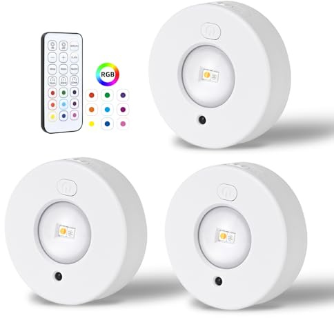 Rechargeable Under Cabinet Lights, 3 Pack 6000K Dimmable LED Puck Lights with Remote Control & 11 Colour Changing & Brightness Adjustable, Stick-On Wireless Lights for Kitchen, Wardrobe, Cupboard