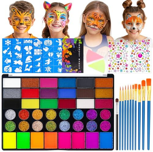 KICNIC 42 Farben Kinderschminken Set(Pinsel+ Vorlagen+ Schwämme+ Aufkleber) | Gesichtsfarbe Kinderschminke Set Mädchen, Theaterschminke, Wasserbasis Schminke, Face Paint, Halloween, Karneval, Fasching