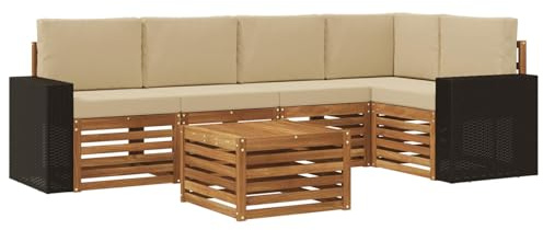vidaXL Ecksofa Set mit Kissen 6 pcs Natur und Beige Massivholz Akazie, Gartenmöbel, modernes Ecksofa, Outdoor-Lounge, Terrassenmöbel für entspanntes Chillen und Genießen