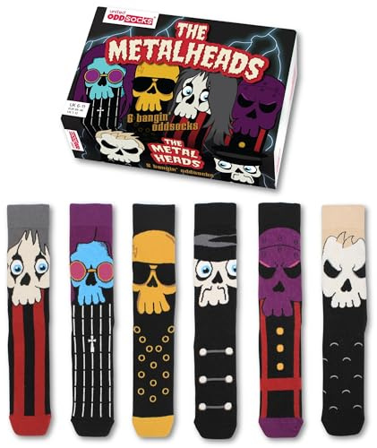 United Oddsocks Metalheads Gift Box, 6 Colourful Mix and Match Men’s Socks | Rock Inspired Novelty Socks Mens, Cotton Rich Socks for Men, Fun Graphic Socks for Music Fans, UK 6-11 EUR 39-46 US 7-12