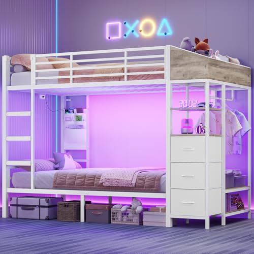 AOGLLATI Hochbett 90x200cm mit LED Beleuchtung und Ladestation Kinderbett 90x200 mit Treppe und Rausfallschutz Platzsparendes Kinder Etagenbett Jugendbett mit Garderobenständer und Stauraum,Weiß