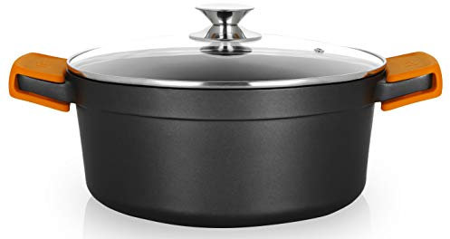 Orbegozo CDH 3028 Cacerola Honda Aluminio Fundido, 6.7 L, Superficie Antiadherente Libre de PFOA, Tapa Cristal Templado, Asas de Silicona